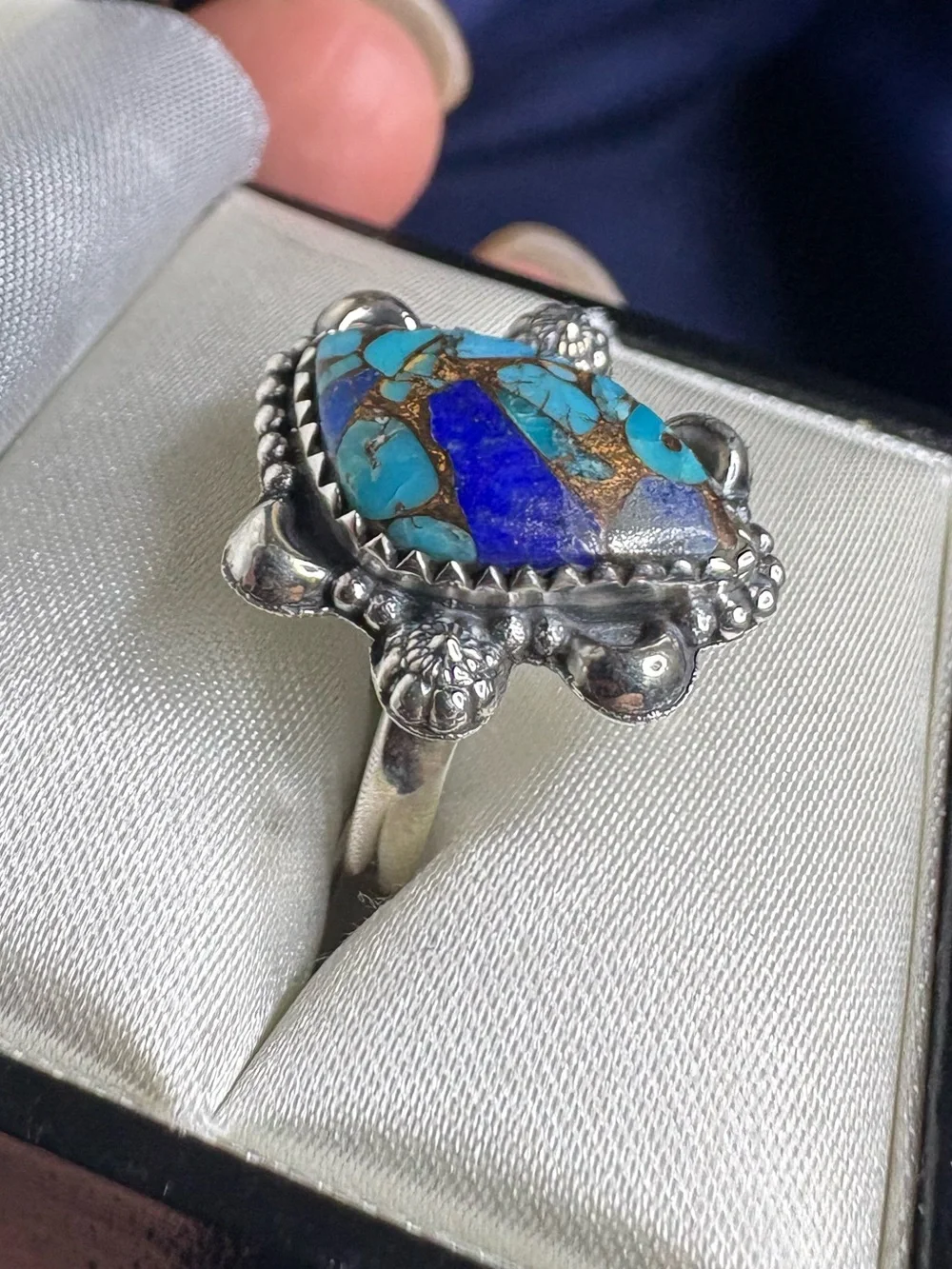 Ring Blue Dahlia Turquoise and Lapis Mosaic 925 Sterling Silver Floral Southwest - Picture 2 of 5